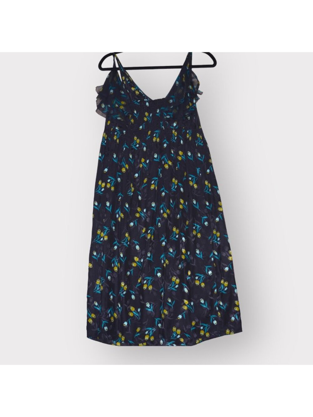 Rebecca Taylor Size 2 Navy Blue Floral 100% Silk Sleeveless Ruffle Midi Dress